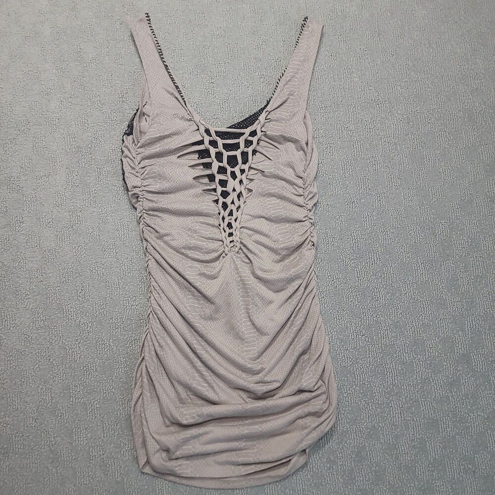 Kimikal Ruched Mini Dress Womens L Grey with Black Lace Stretch - Picture 3 of 9
